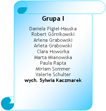 Zwj pionowy: Grupa I
Daniela Figiel-Hauska 
Robert Grnikowski 
Arlena Grabowski 
Arleta Grabowski 
Clara Howorka 
Marta Mianowska 
Paula Rapta 
Miriam Sommer 
Valerie Schulter
wych. Sylwia Kaczmarek 


